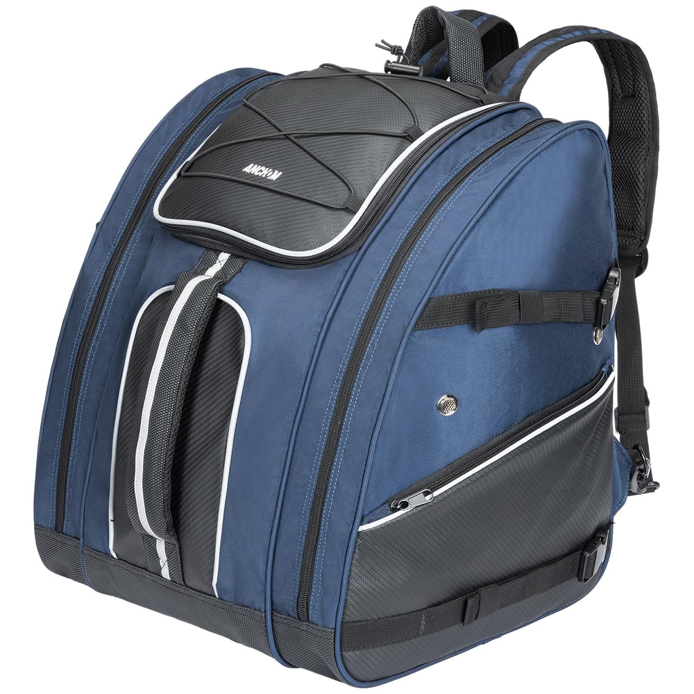 ANCHOM front view of blue 55L ski boot bag showing organization and capacity