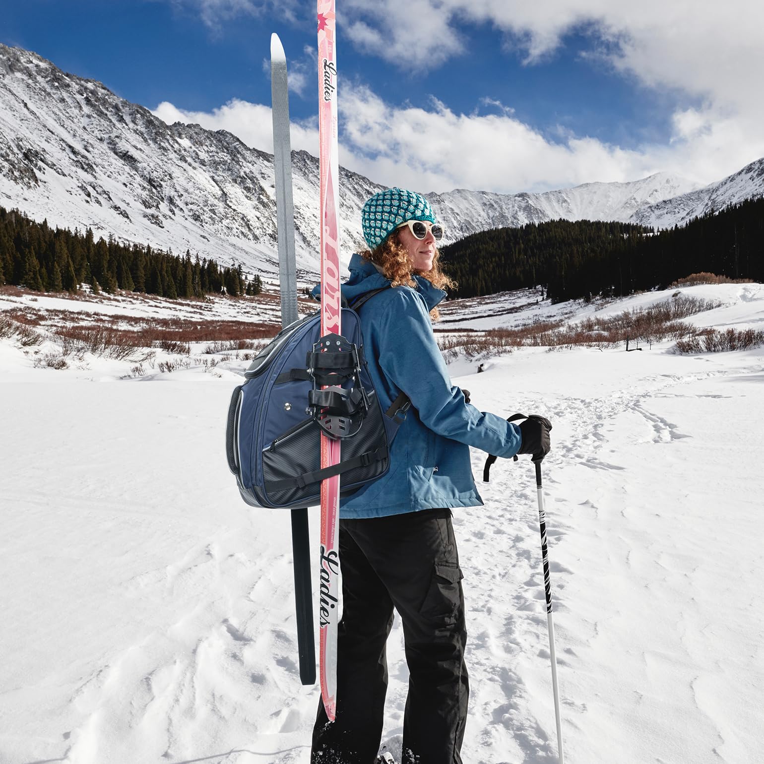 ANCHOM lifestyle shot on snow showing easy transport and visibility