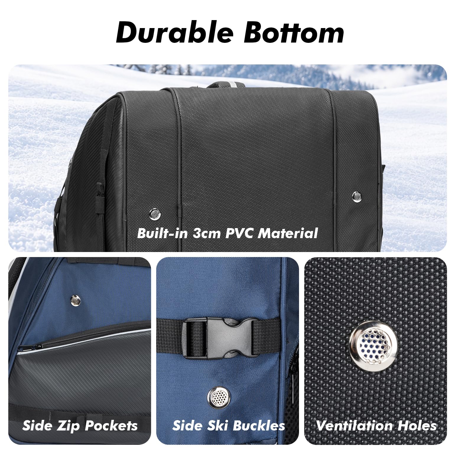 ANCHOM side buckles and top bungee securing skis and extra gear