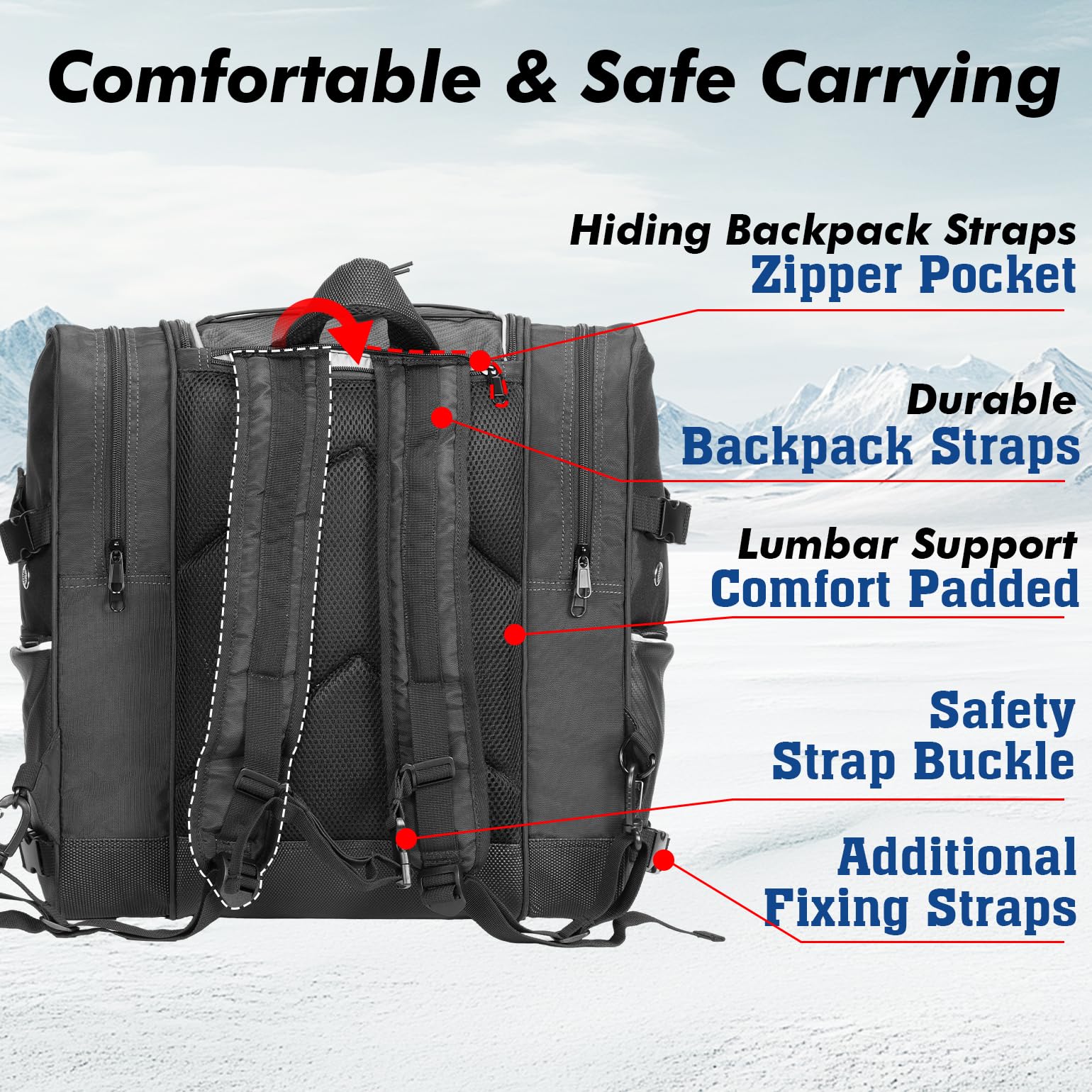 ANCHOM side straps securing skis to backpack for hands-free transport