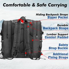 ANCHOM side straps securing skis to backpack for hands-free transport