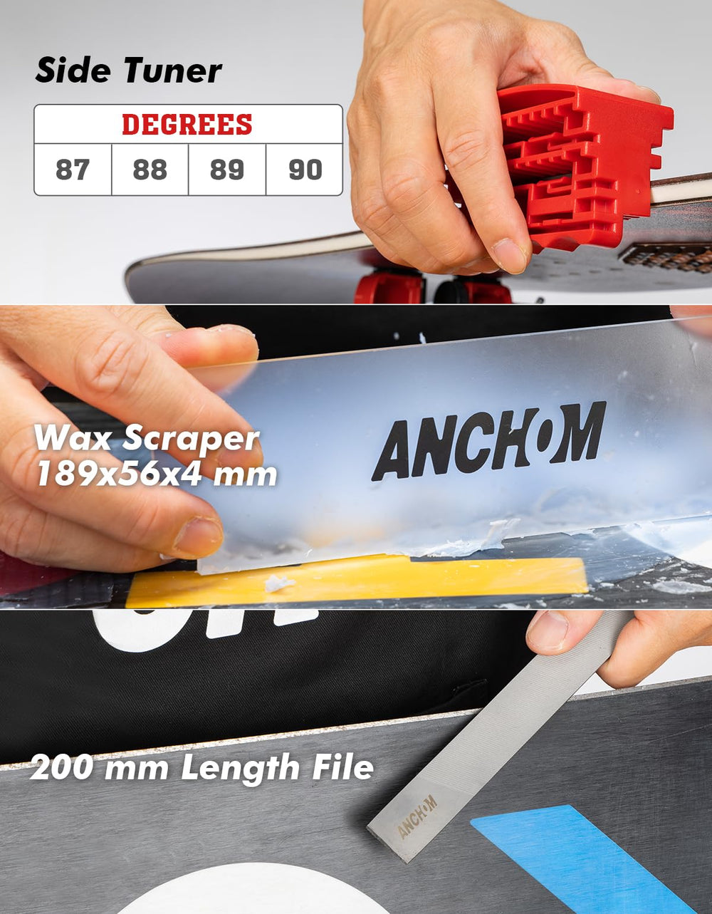Rider using ANCHOM wax iron on a snowboard showing faster waxing and even coverage