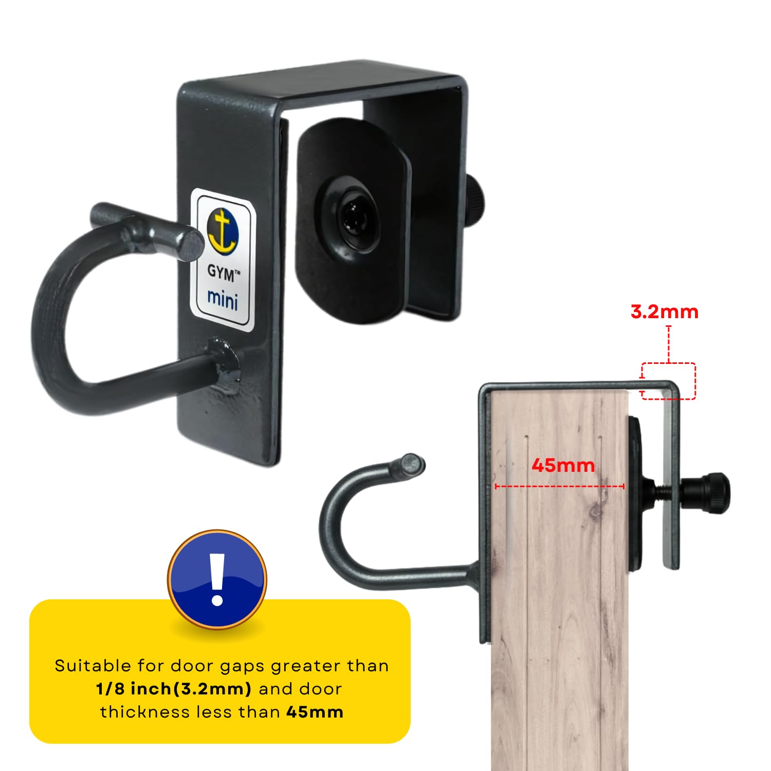 Anchor Gym hook detail showing patented 2-inch extension for secure band attachment