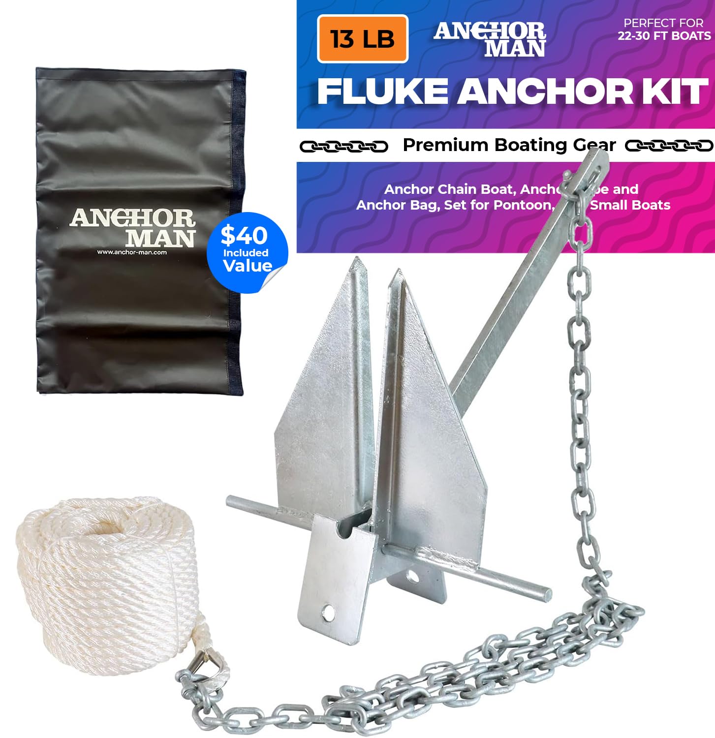 Anchor-Man front view of 13 lb fluke anchor showing shape and shank for reliable hold