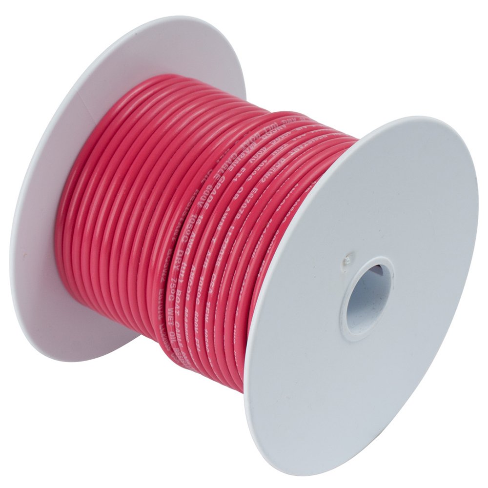 Ancor 12 AWG red spool front view showing gauge and 250ft length, durable marine wiring benefit