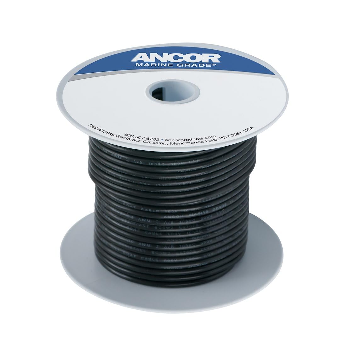 Ancor 14 AWG spool front view showing black tinned copper wire for durable marine use