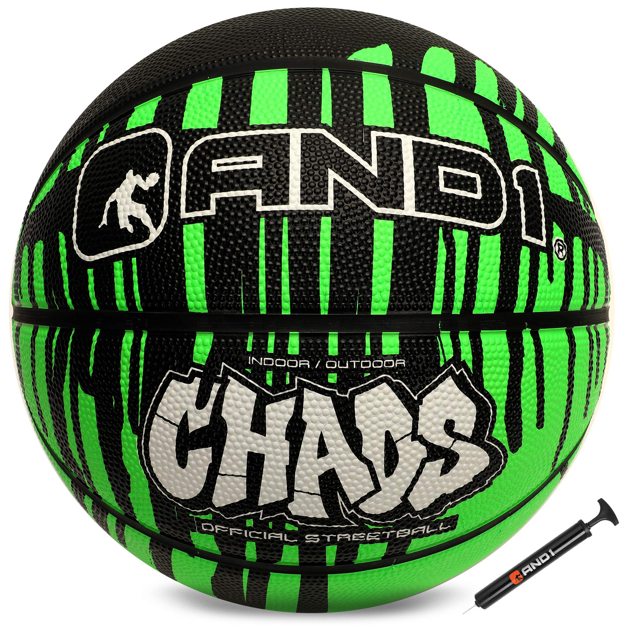 AND1 drip basketball front view showing vibrant design and regulation size benefit