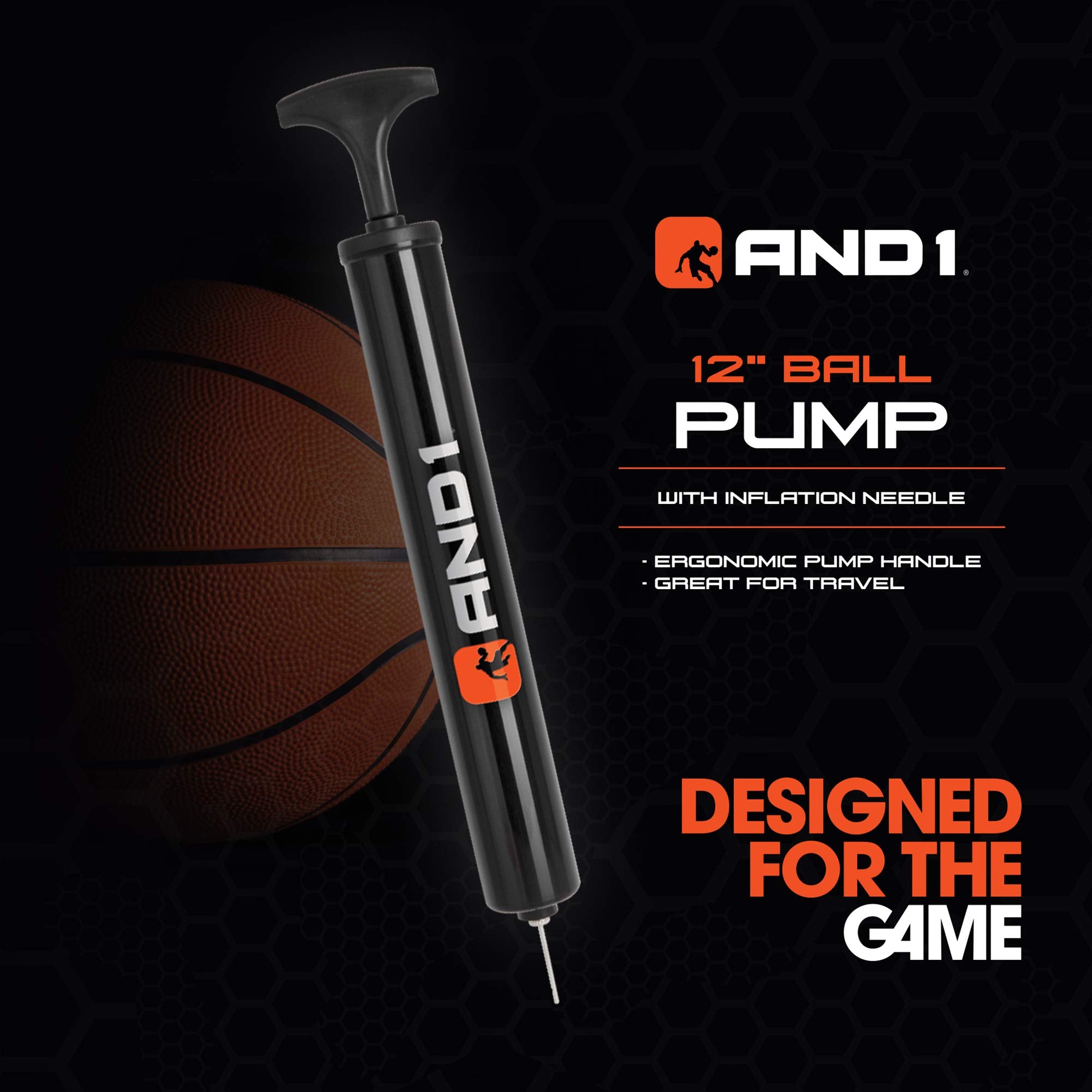 AND1 hand pump beside ball ready for inflation for quick play setup benefit