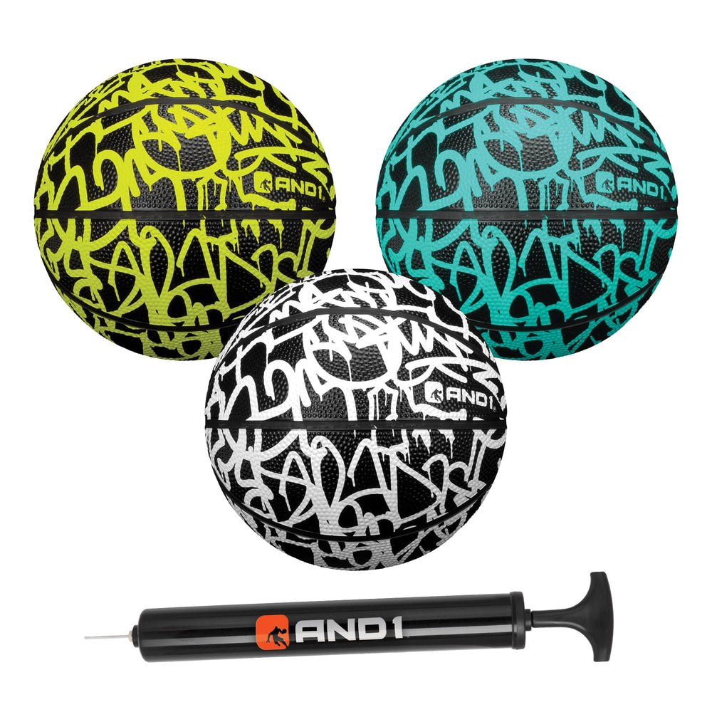 AND1 mini basketball front view showing graffiti print and high grip for fun