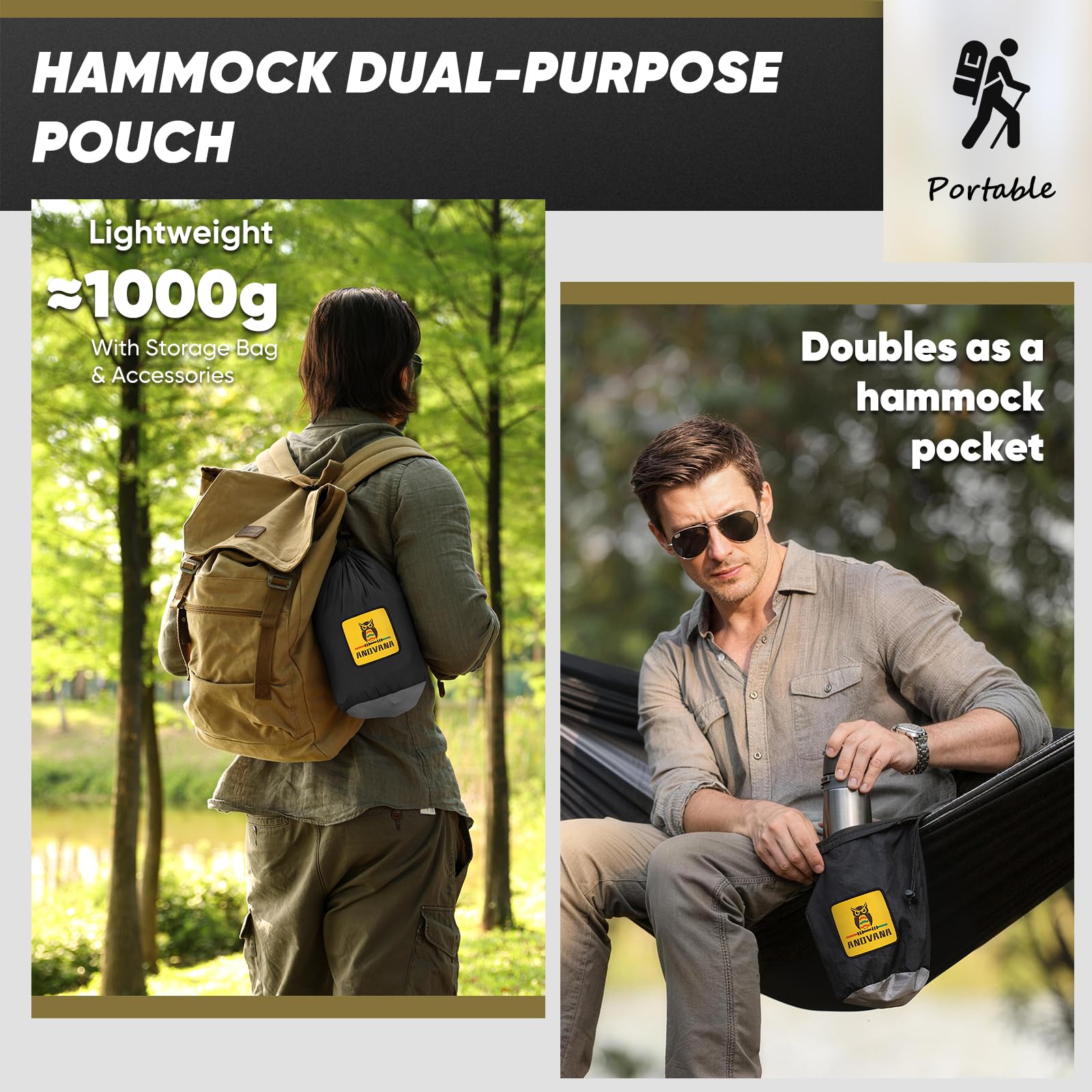 ANDVANA hammock beside backpack showing scale and lightweight packability