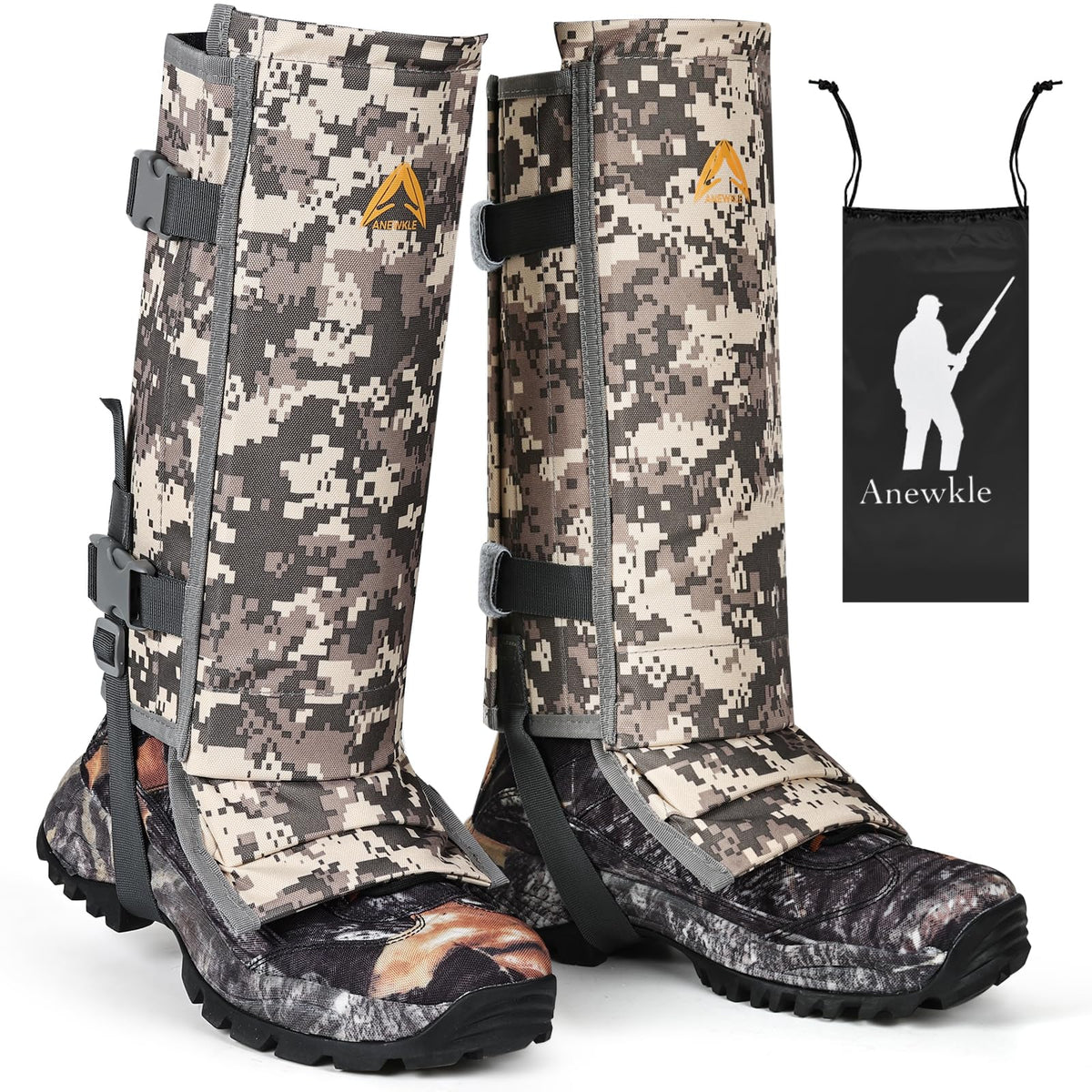 Anewkle front view showing full gaiter coverage and secure buckles protecting calves