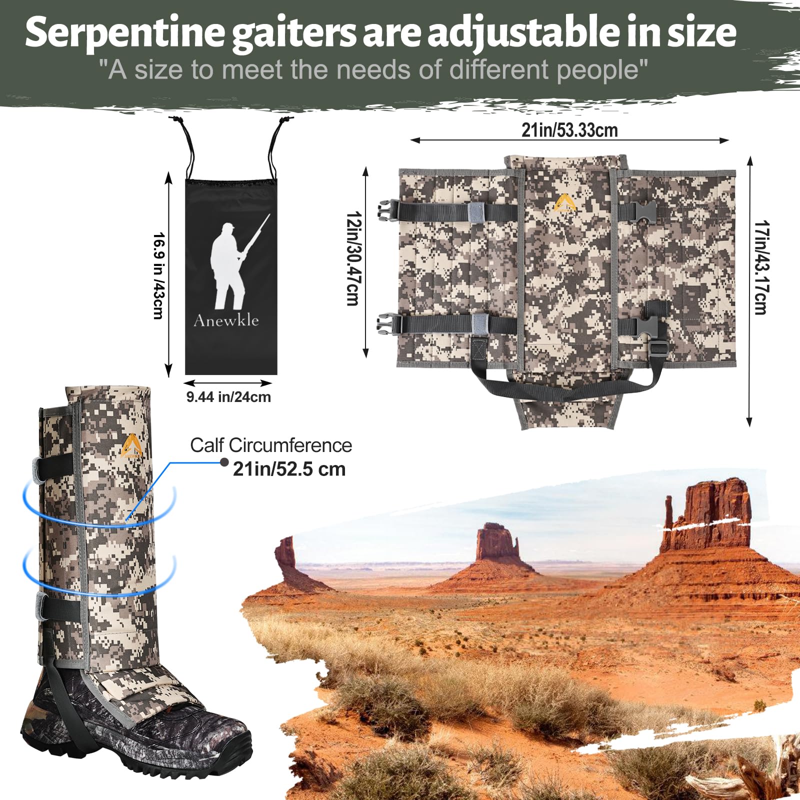 Anewkle gaiter next to ruler showing adjustable fit range and sizing clarity