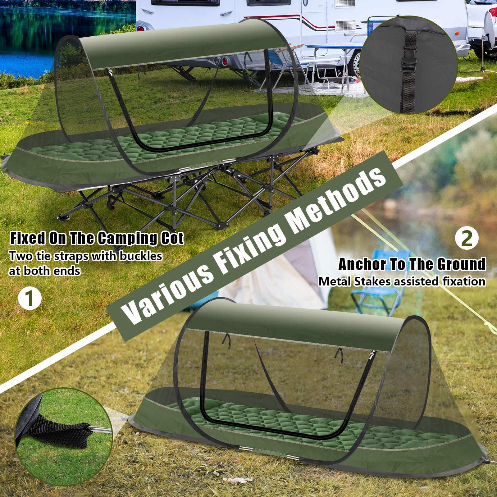 ANGAR tent mounted on a camping cot demonstrating secure fit and comfort