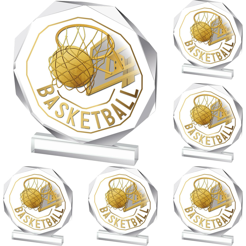 Anglechic front view of six basketball trophies showing cohesive team presentation benefit