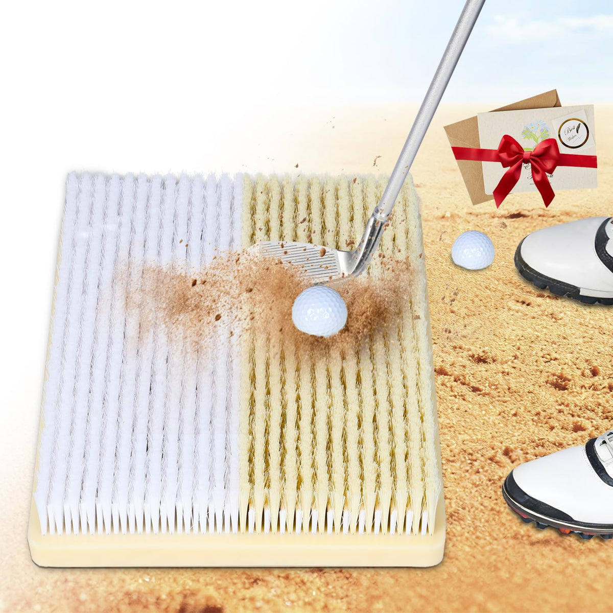 Angooni bunker mat front view showing bristles and realistic sand zones, improves bunker feel