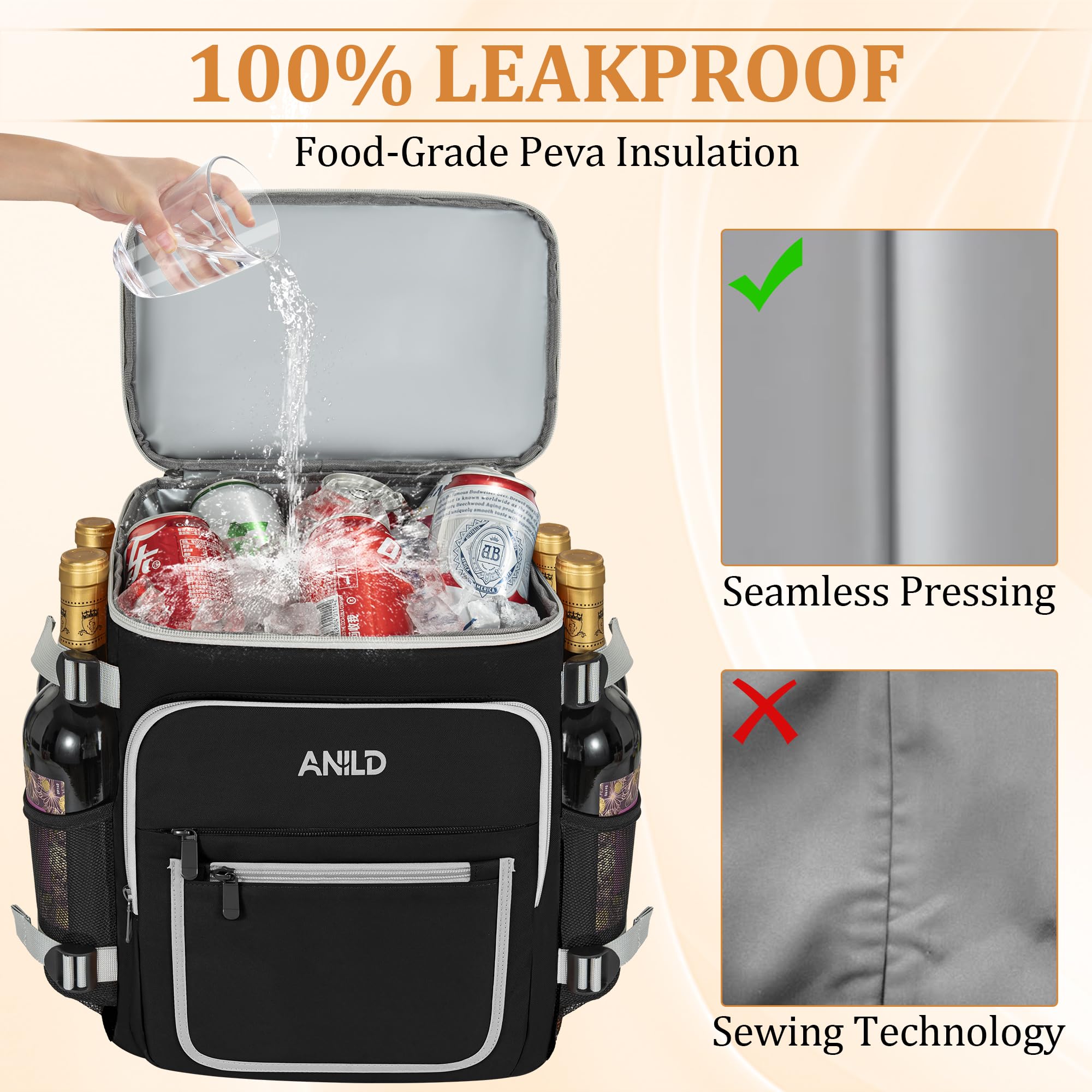 ANILD close-up of seamless leakproof inner lining, prevents leaks and protects outer bag