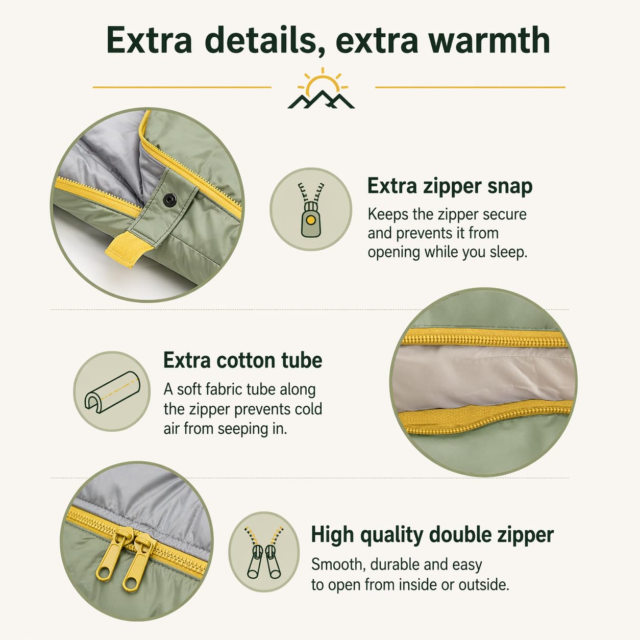 ANJ Outdoors double zipper and snap showing easy access and secure closure