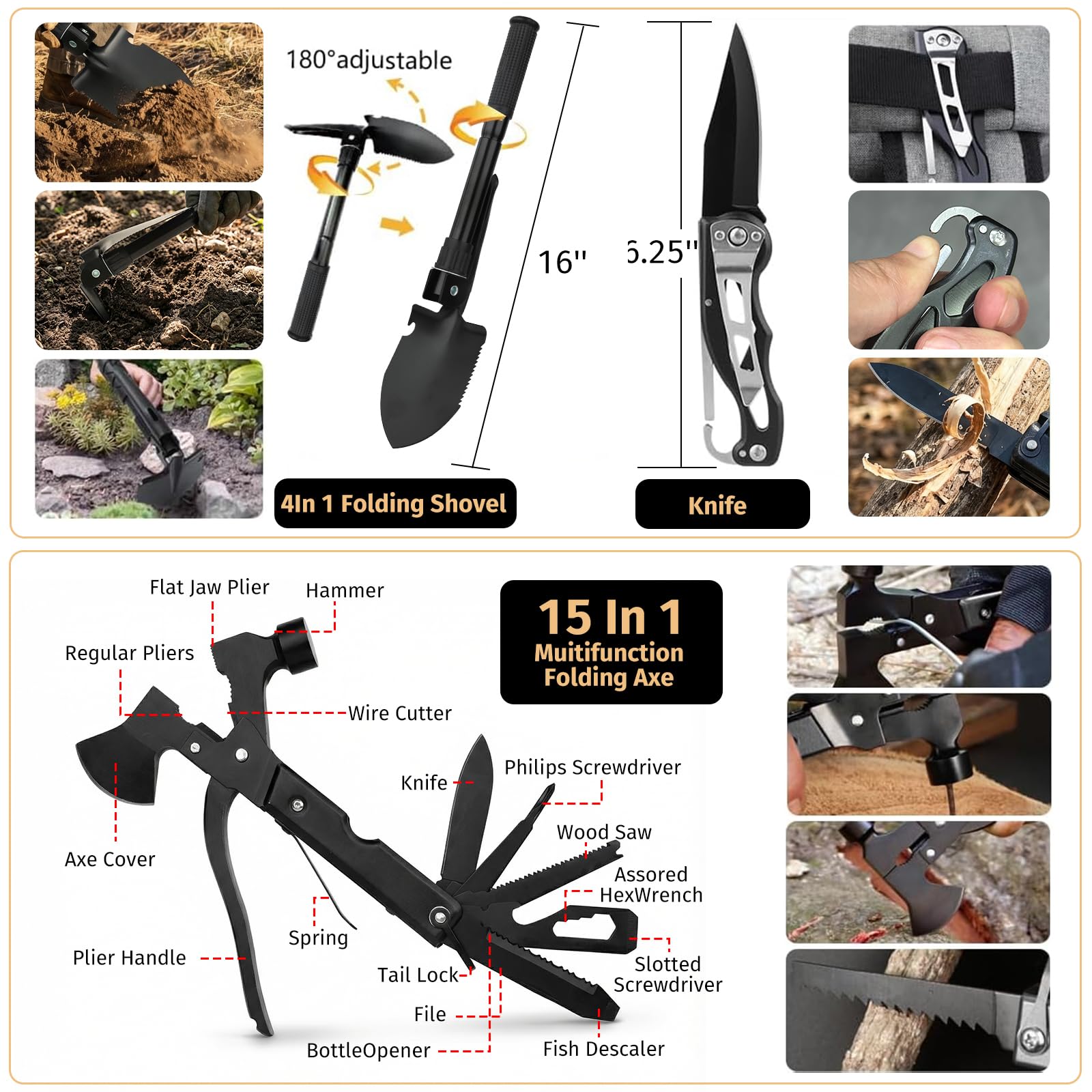 ANJiME multi-tool axe and folding shovel close-up demonstrating rugged utility