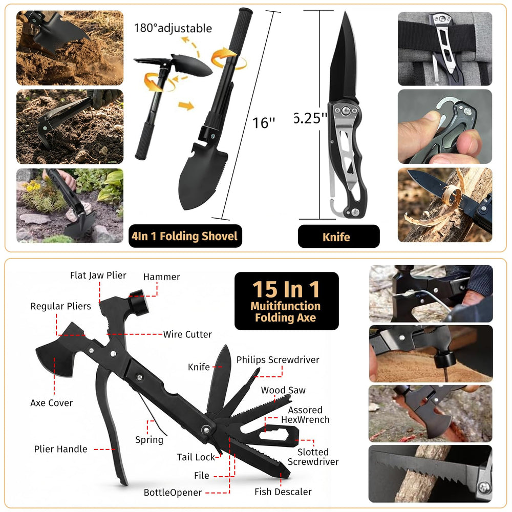 ANJiME multi-tool axe and folding shovel close-up demonstrating rugged utility