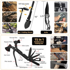 ANJiME multi-tool axe and folding shovel close-up demonstrating rugged utility