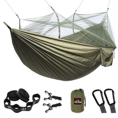 AnorTrek front view showing hammock with mosquito net and compact profile for camping
