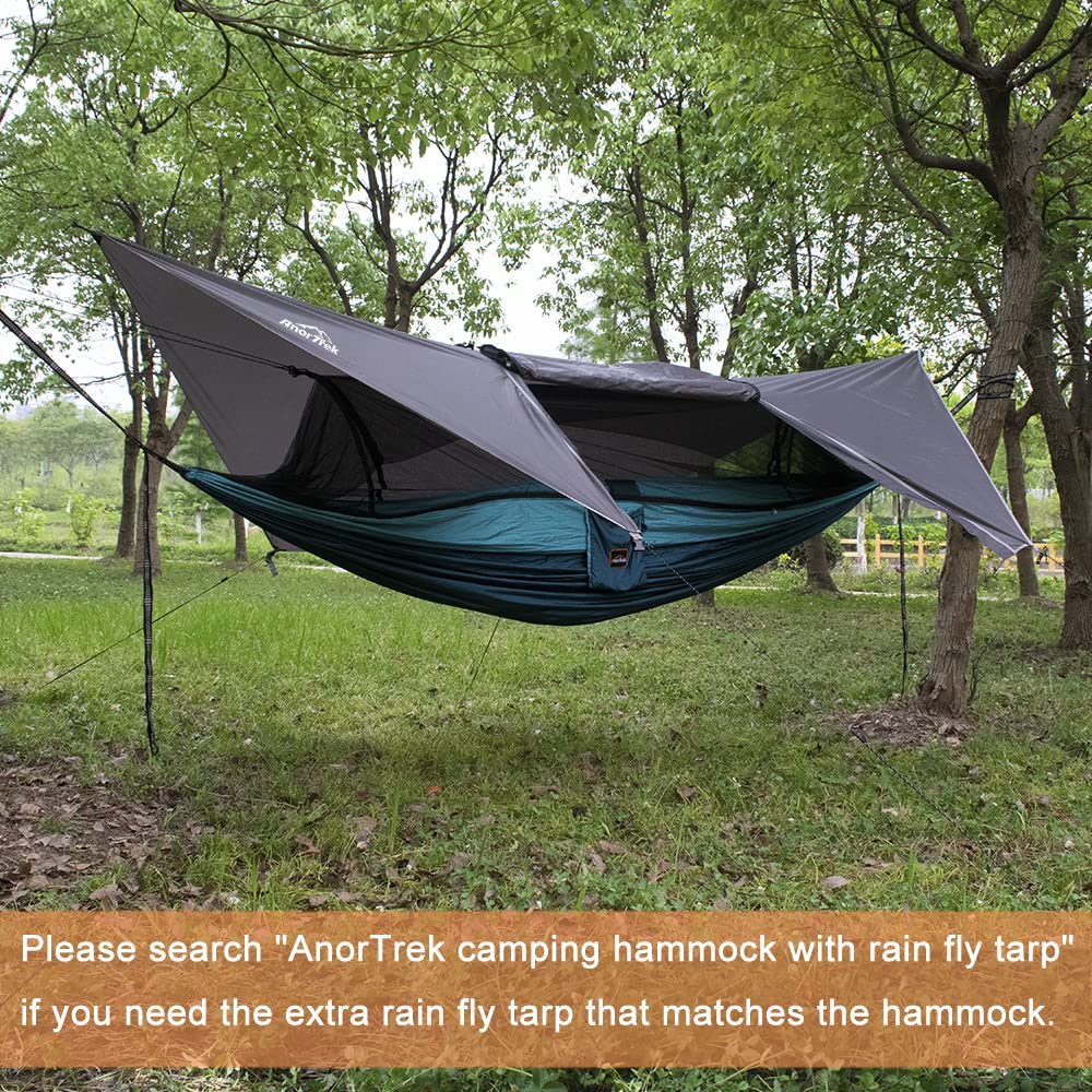 AnorTrek packed hammock in stuff sack with straps and carabiners showing organized storage