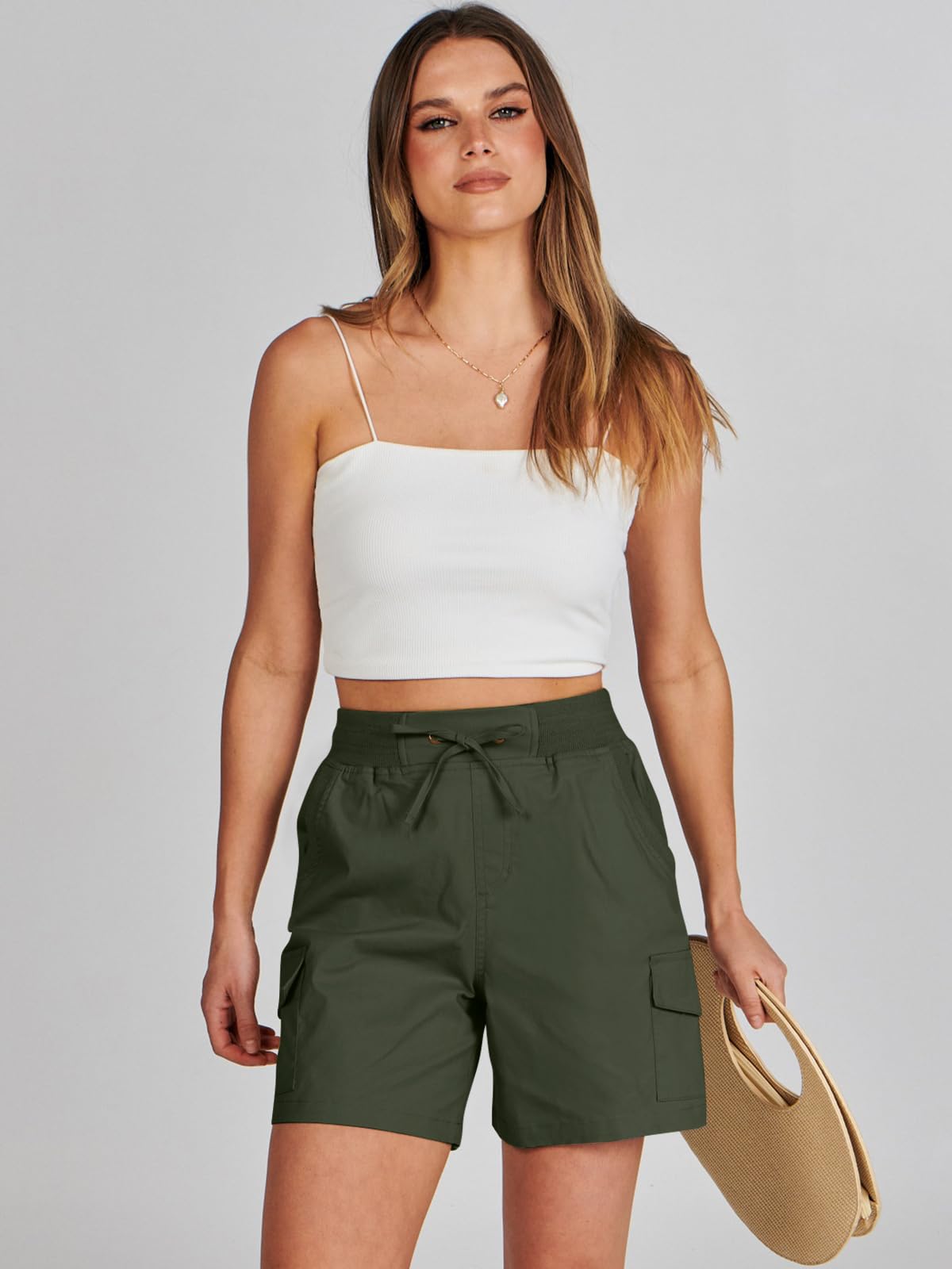 ANRABESS model wearing cargo shorts on trail for active comfort