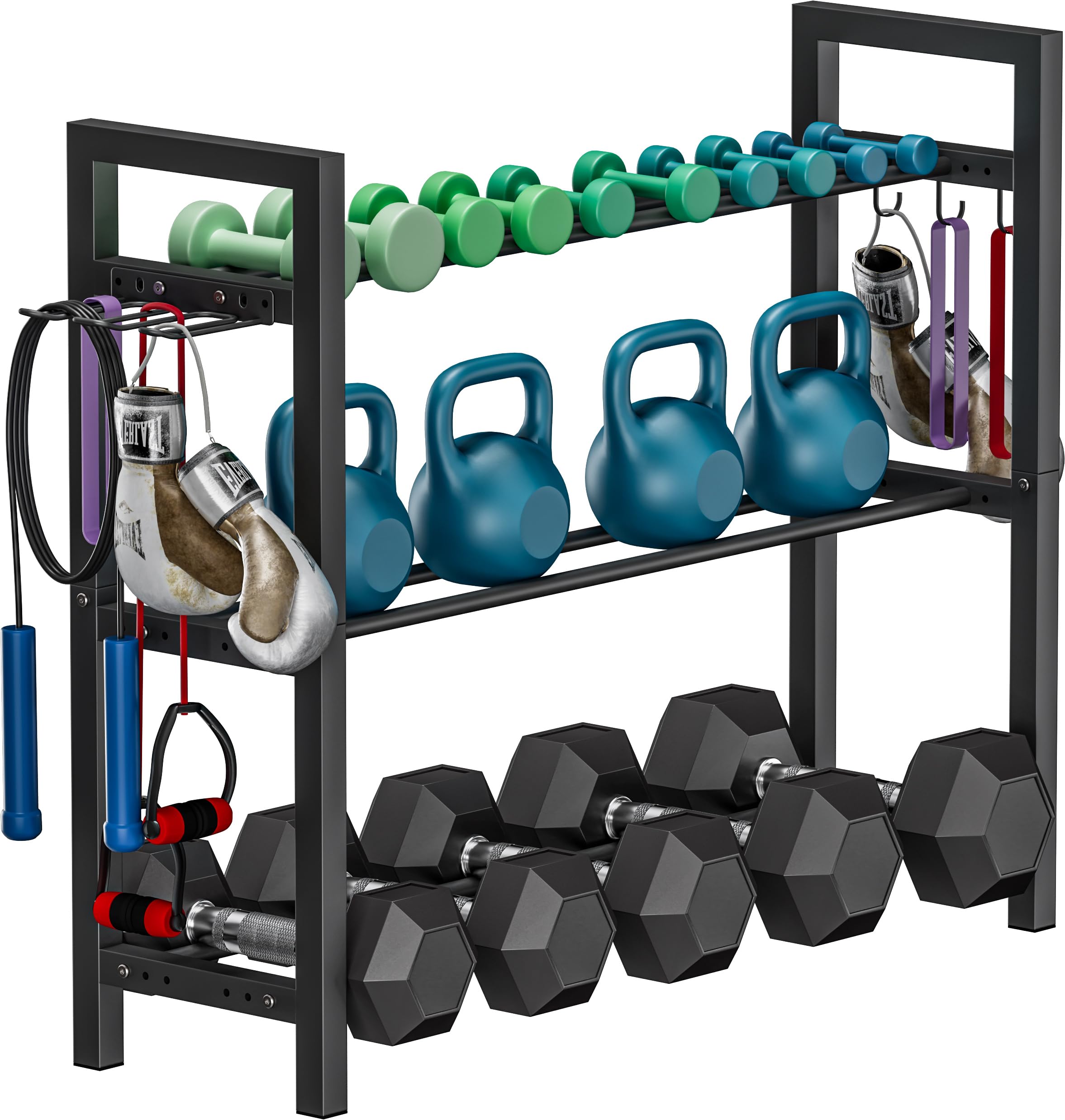 Ansionsol front view of three-tier rack showing tidy organized dumbbells and space-saving benefit