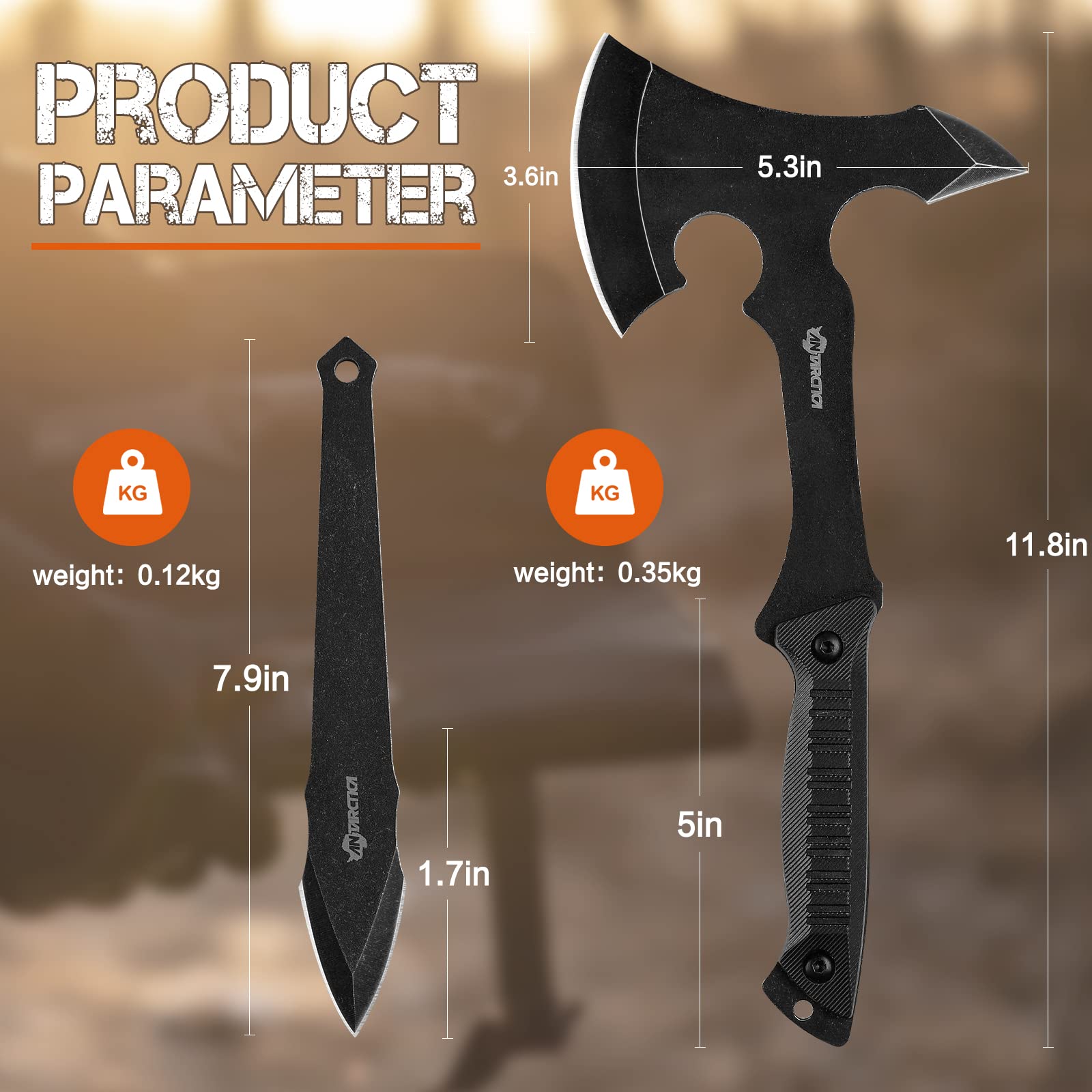 ANTARCTICA full set laid out with three axes and knives showing complete kit portability