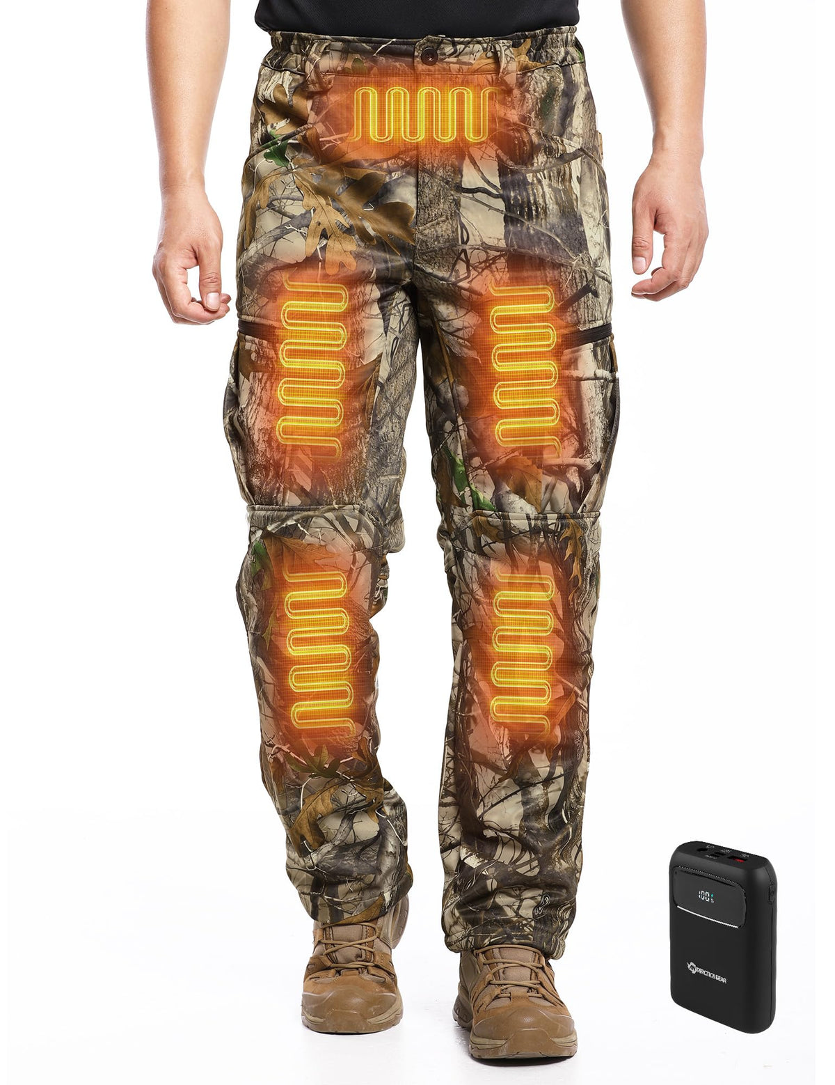 ANTARCTICA GEAR front view of heated pants showing camo pattern and fit for concealment