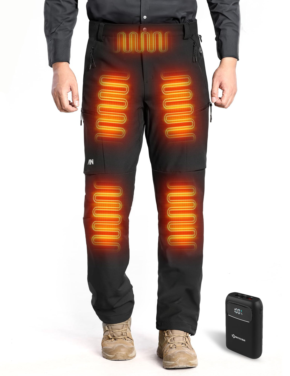 ANTARCTICA GEAR front view of heated pants showing fit and pockets for reliable warmth