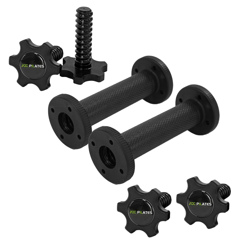AOC PILATES front view of pair handles showing compact portability and secure build