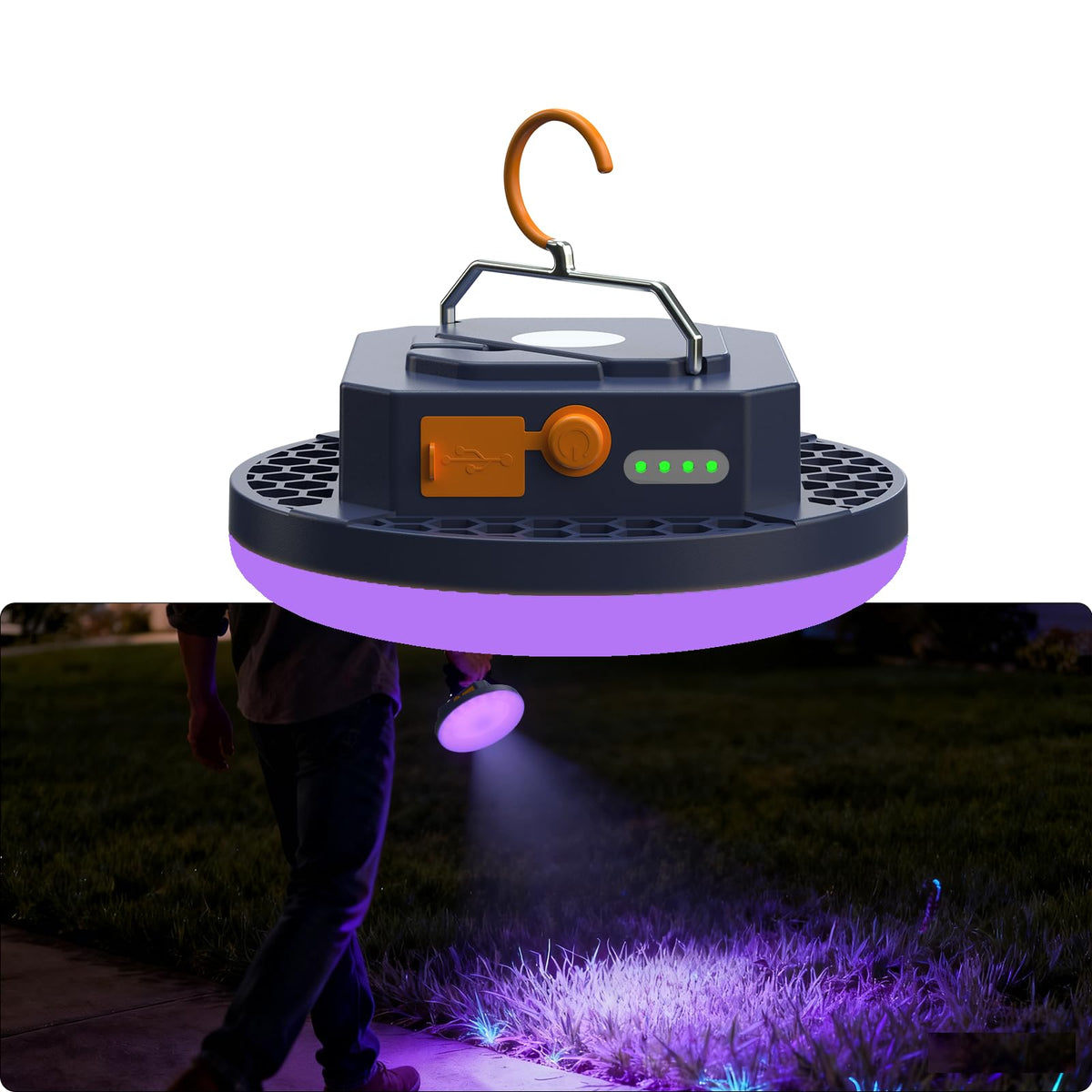 AODOO front view of lantern showing LEDs and casing, reliable campsite illumination