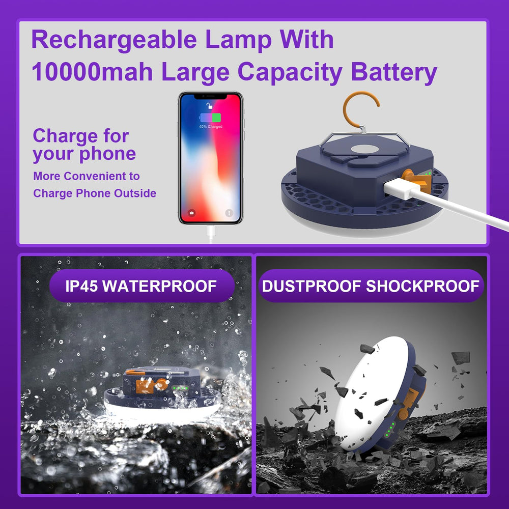 AODOO hanging inside a tent providing bright, even 3000LM light for camping