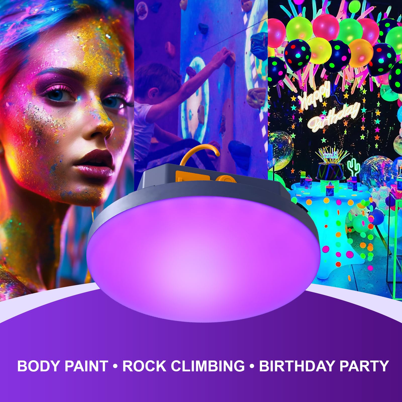 AODOO illuminating fluorescent posters at a party to create vivid blacklight effects