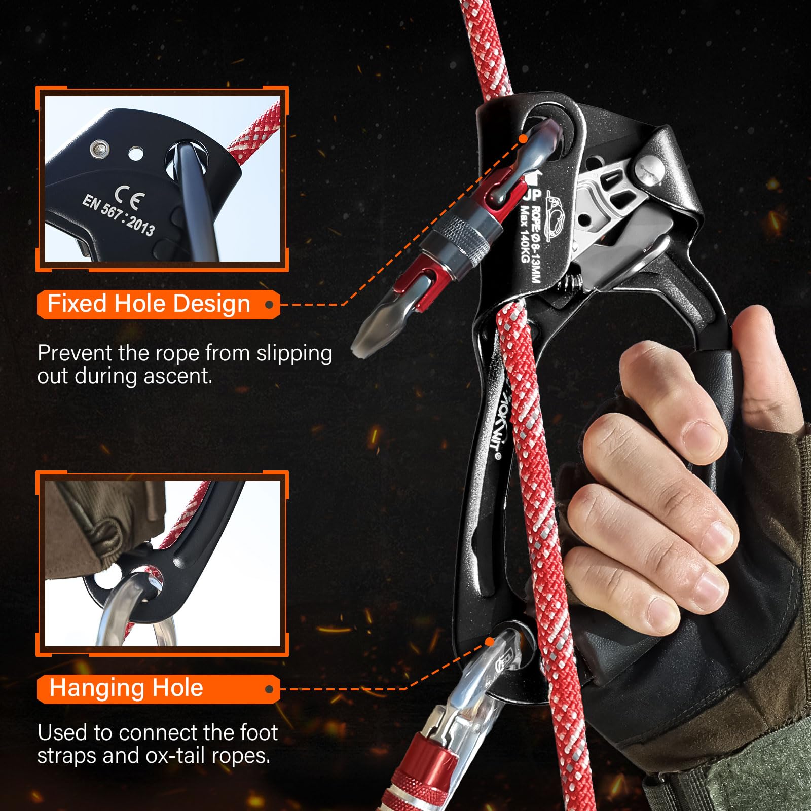 AOKWIT cam and teeth detail with mud-draining grooves for reliable rope bite