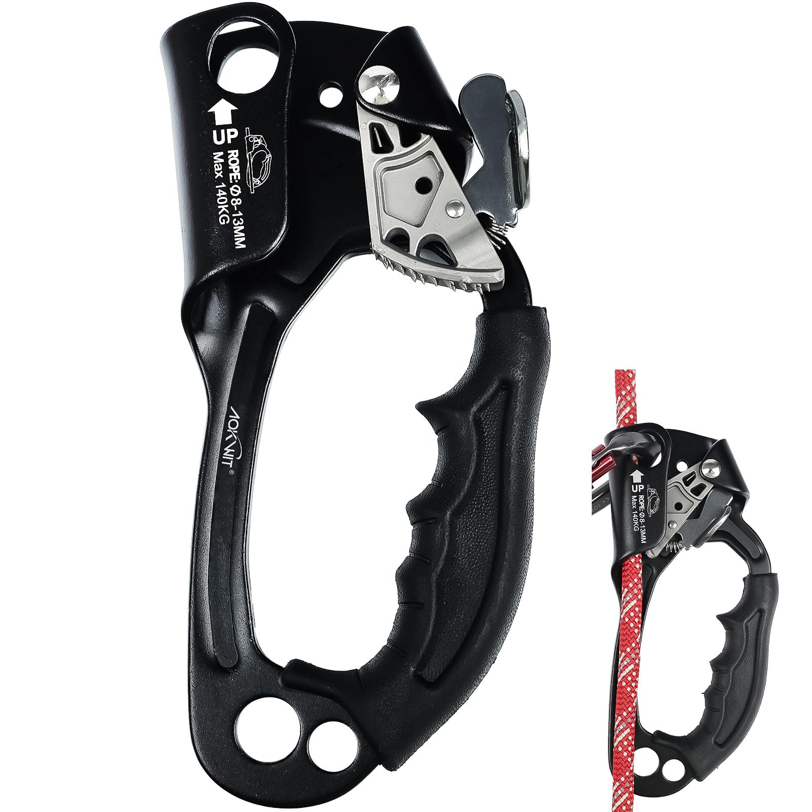 AOKWIT front view ascender showing compact design and certification, improves rope control