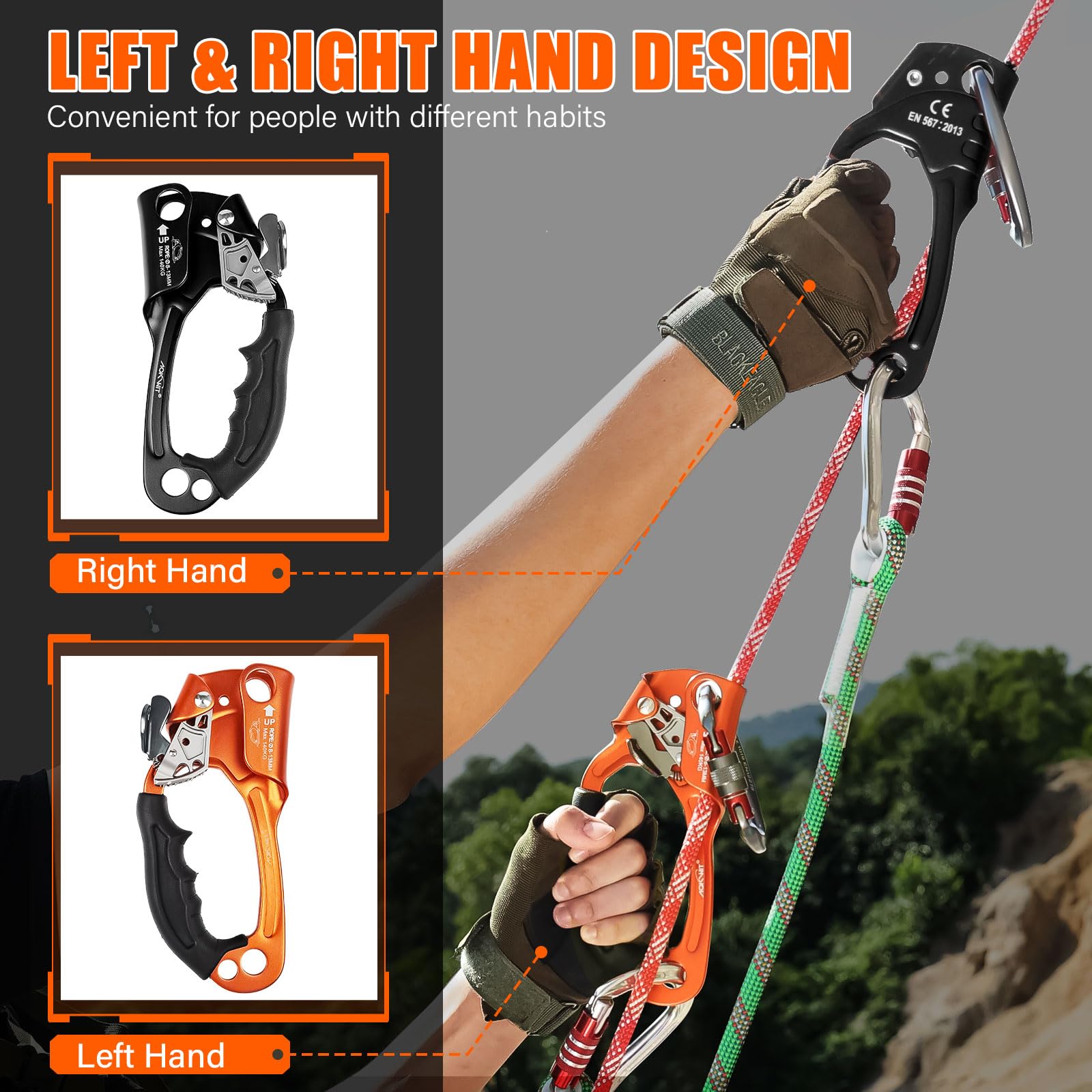 AOKWIT mounted on rope in use demonstrating one-hand operation for efficient ascent