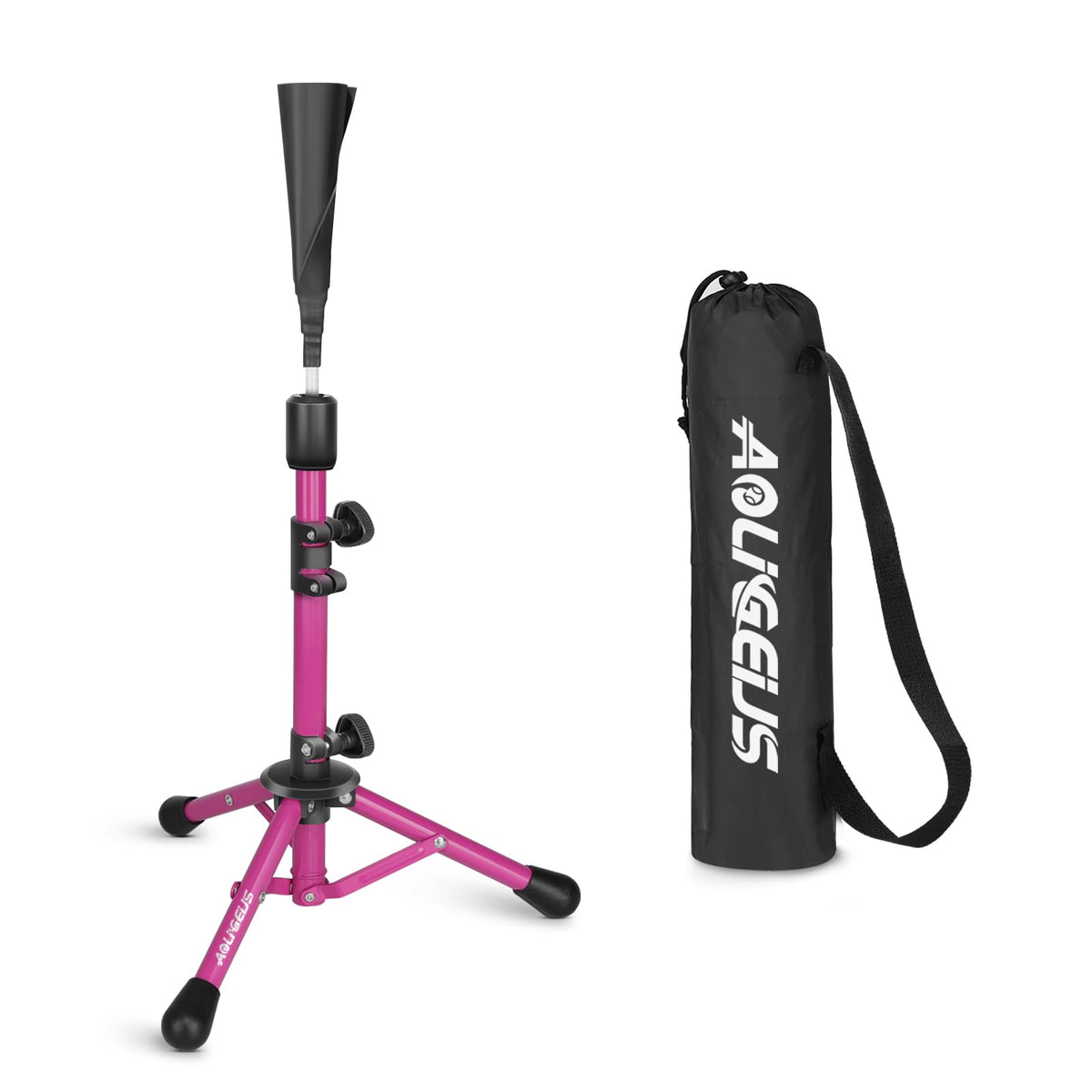 AOLIGEIJS batting tee front view showing sturdy tripod and flex top, ideal stability
