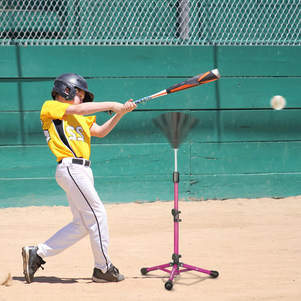 AOLIGEIJS tee beside bat for size comparison showing adjustable height range