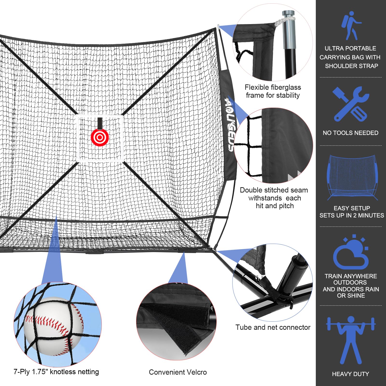 AOLIGEIJS closeup of 7‑ply knotless netting and fiberglass rod for toughness