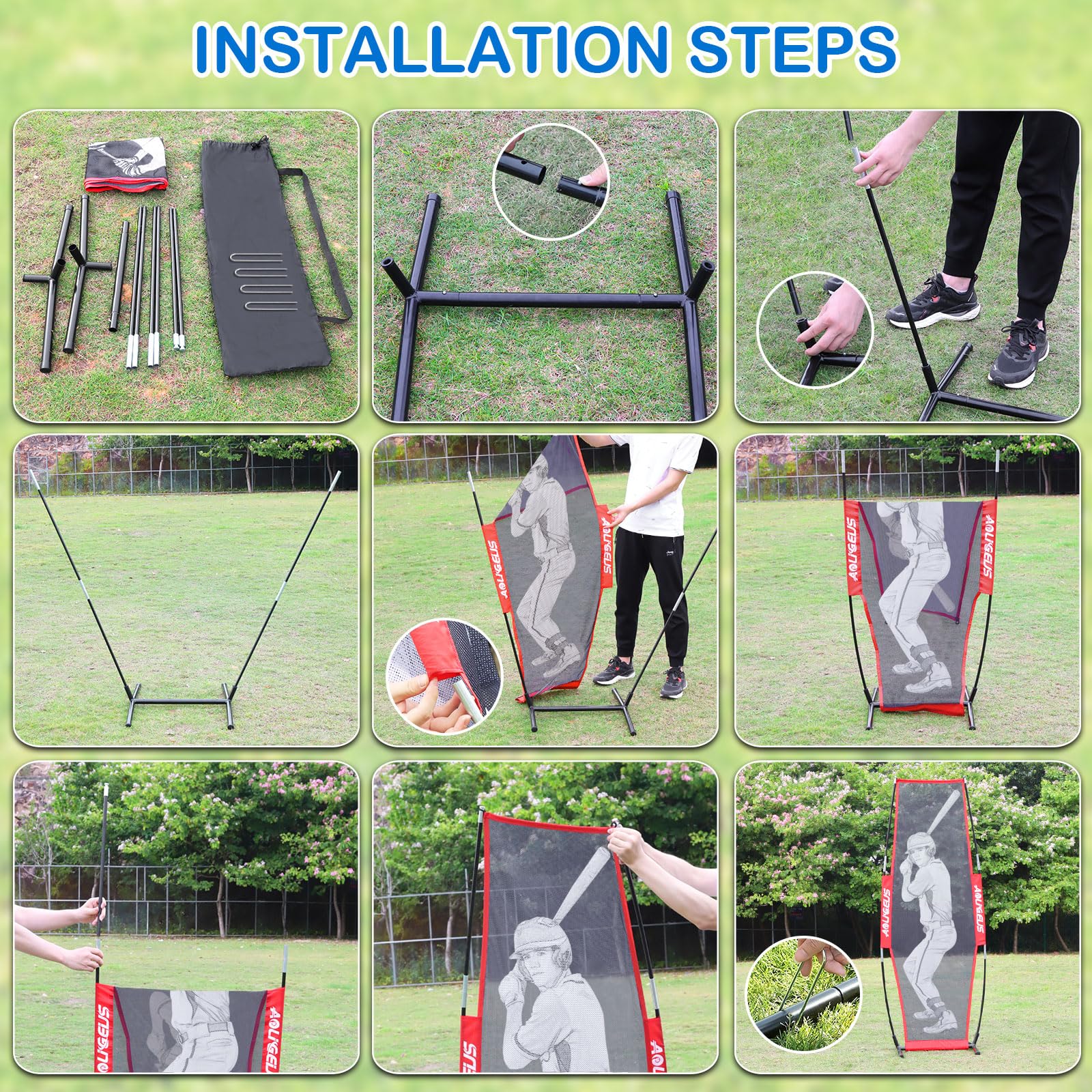 AOLIGEIJS dummy installed in a pitching net showing game-like training setup