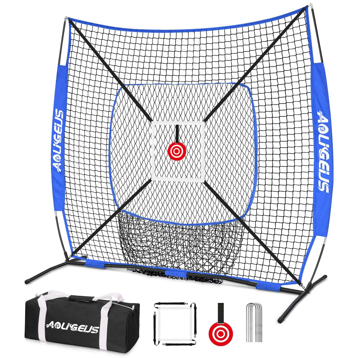 AOLIGEIJS front view of practice net showing full frame and compact profile for easy transport