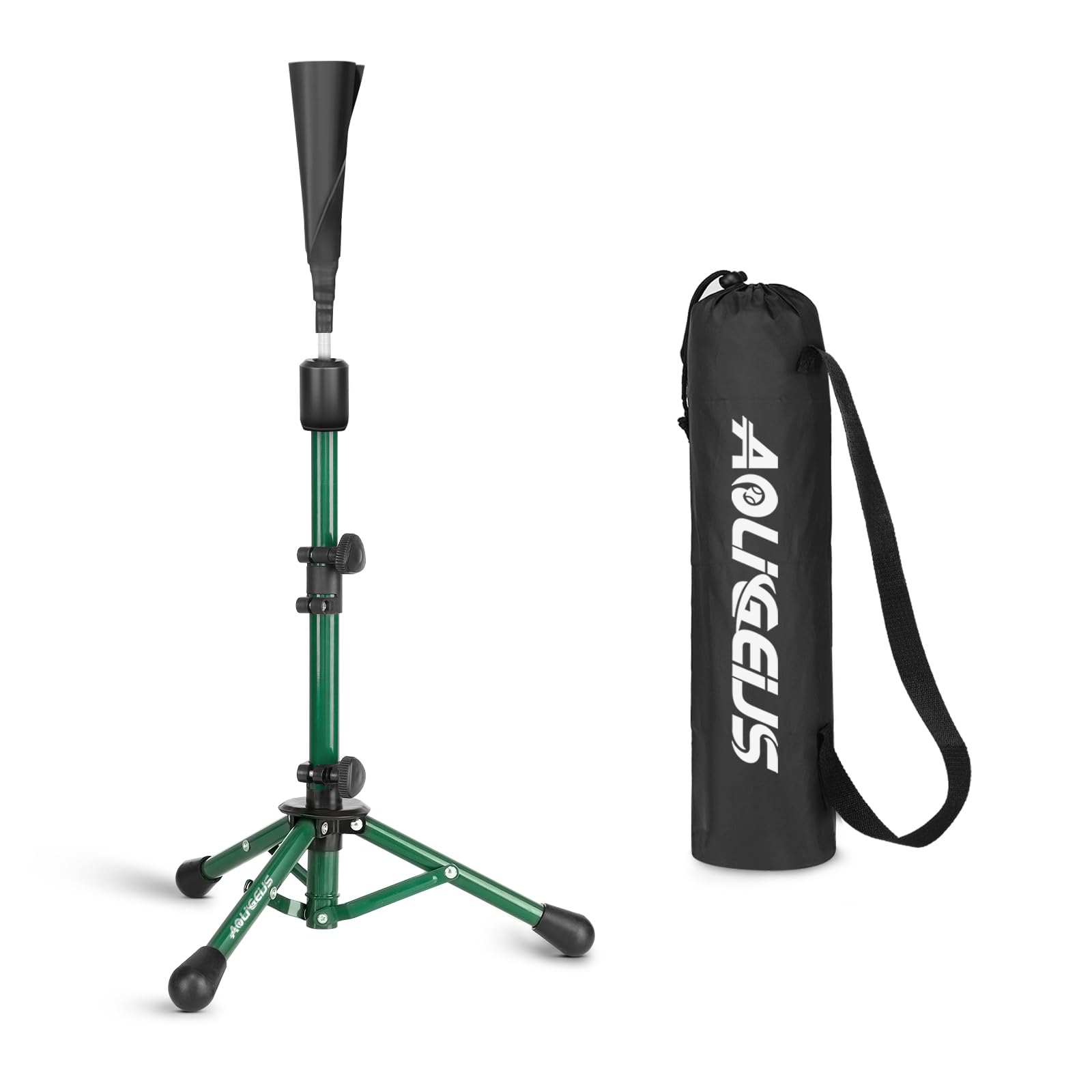 AOLIGEIJS front view of batting tee showing stable tripod and ready-to-use benefit