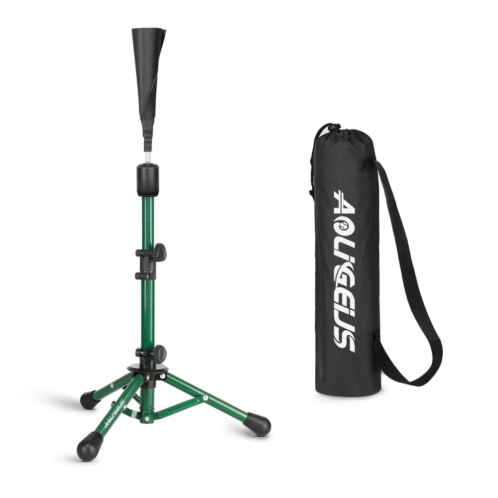 AOLIGEIJS front view of batting tee showing stable tripod and ready-to-use benefit