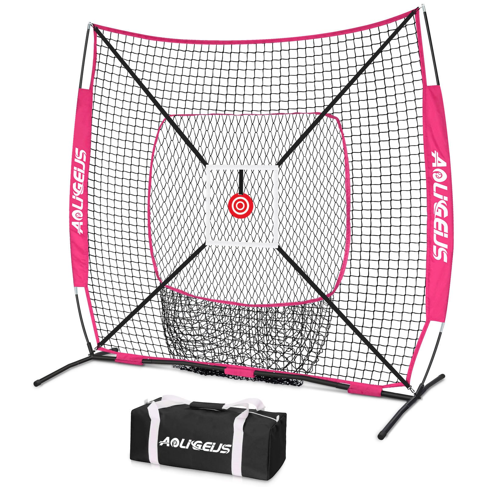 AOLIGEIJS front view of 6'x6' practice net with strike zone, shows portability benefit