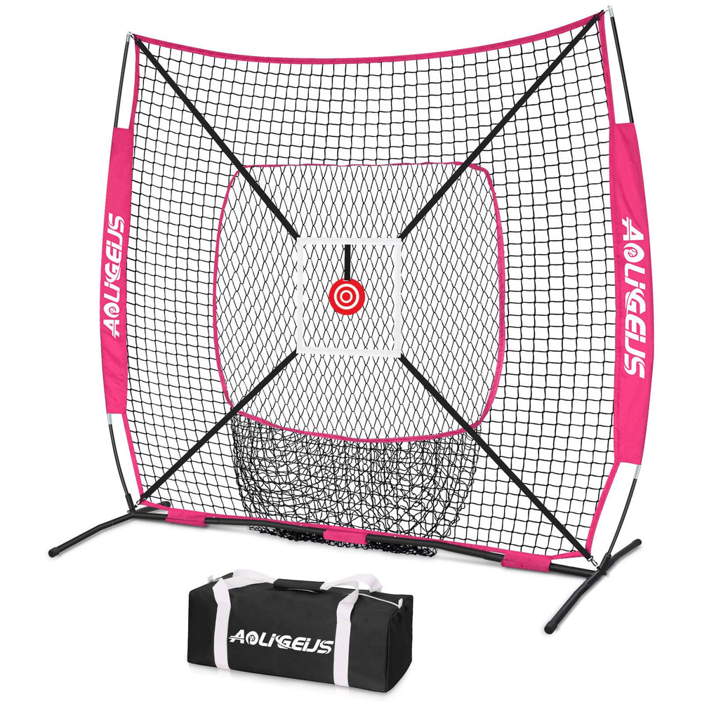 AOLIGEIJS front view of 6'x6' practice net with strike zone, shows portability benefit