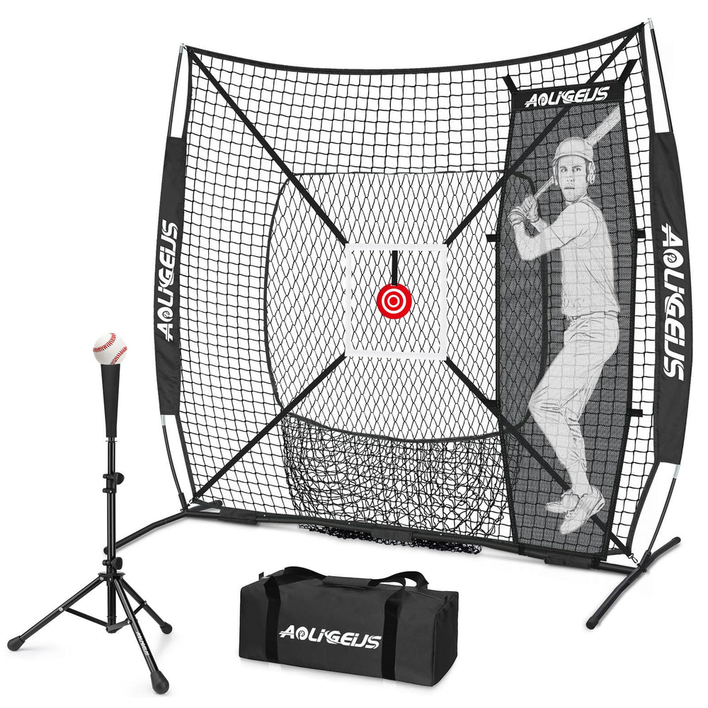 AOLIGEIJS front view of assembled 6x6 practice net showing durable coverage and portability