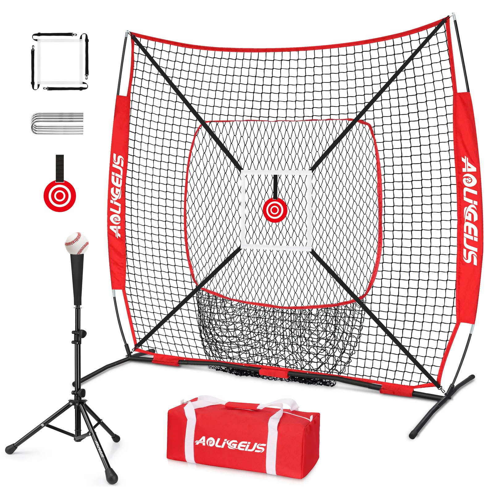 AOLIGEIJS front view of 6x6 pitching net showing sturdy frame and full coverage for training