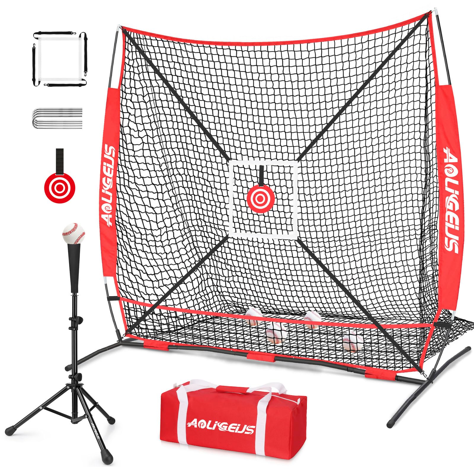 AOLIGEIJS front view pitching net showing sturdy frame and balanced impact protection